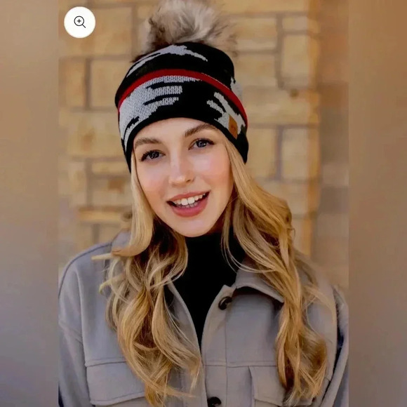 PANACHE Vegan Fur Puff Knit Winter Hat in Green Camo - Picture 3 of 5